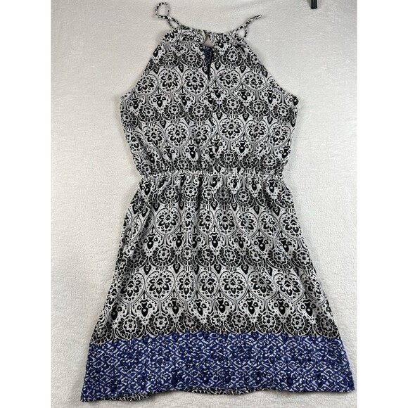 THML Halter Blue Black Floral Sleeveless Cinched Tunic Dress Size L - Picture 5 of 6